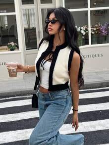 Serisse Damen Herbst Kontrast Farbe Vorne Binden Lässige Gestrickte Weste