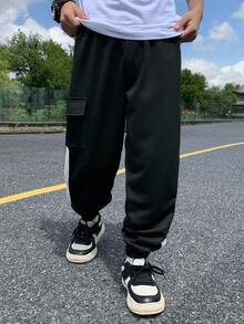 SHEIN 青少年男孩休闲宽松黑白丝带口袋工装运动裤慢跑裤套装，适合上学、居家、日常穿着、运动、生日派对、郊游、百搭且多功能 - 黑色 - 查看 5