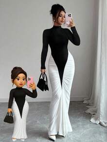 Firerie 女式黑白拼色设计长袖修身鱼尾下摆优雅中长连衣裙，适合日常通勤 - 黑與白 - 查看 8