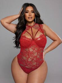 NU&NOW 大码女装春夏新年红色蕾丝性感镂空系带前卫法式休闲时尚年轻别致弹力针织百搭舒适叠穿单品，适合圣诞节、派对等场合 - 紅色 - 查看 4