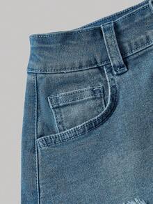 SHEIN MOD Women's Casual Denim Black Lace Patchwork Mesh Mini Skirt Jeans Mini Skirt Summer Vacation Denim Skirt Low Rise Skirt Black Jeans Skirt Layered Skirt - Medium Wash - View 3