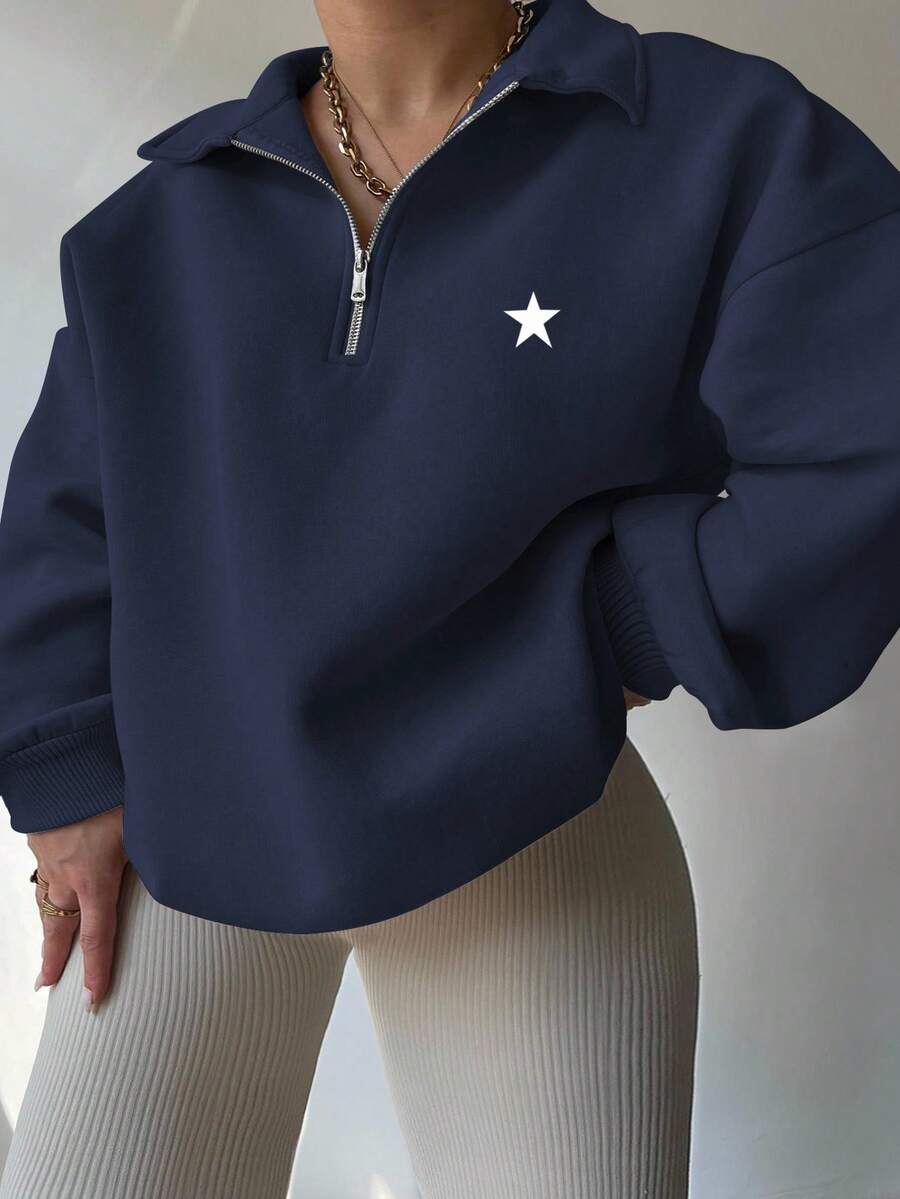 EMERY ROSE Sudadera holgada con media cremallera, cuello y estampado de estrella, para mujer talla grande, de uso casual y para ir al trabajo, otoño - Azul Marino - Ver 1