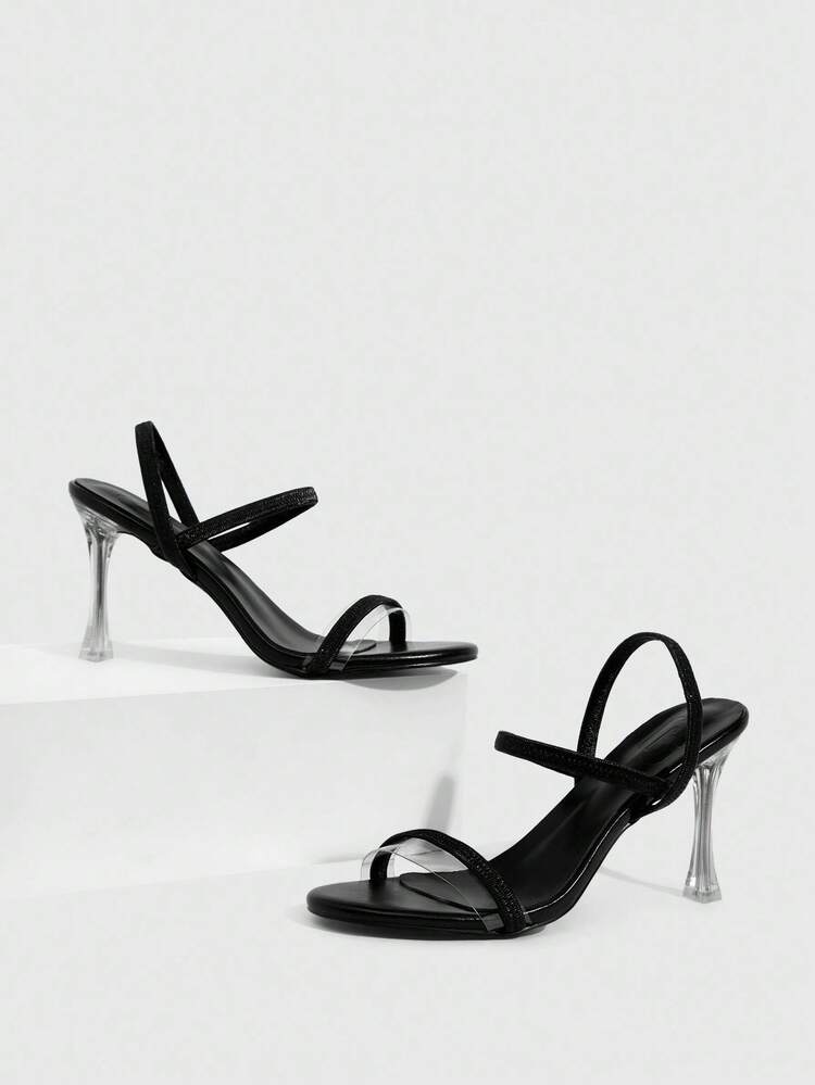 CUCCOO SZL Black PU Elastic Strap Fashionable Sexy Elegant Round Toe Glass Heel Sandals