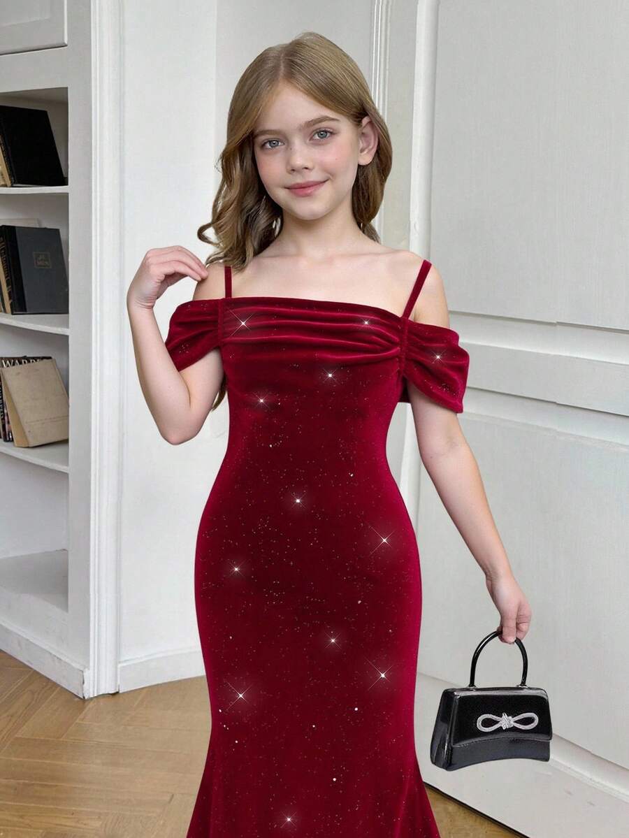 Pitira Tween Girl Elegant Solid Burgundy Open Shoulder Ruffle Sleeve Fitted Mermaid Maxi Dress,Christmas Dress,Masquerade Ball Dress,Red Dress,Fairy Dress ,Christmas Party Dress,Red Dress,Christmas Outfit Fall Winter Teen Burgundy Dress Dark Red Dress Teen Girl Velvet Dress Teen Luxury Dress Tween Girl Tight Dress - Burgundy - View 1