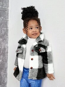 Babygirl Plush Checkered Lapel Jacket, Versatile For Outings, Autumn/Winter - Black - View 3
