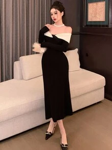 DAZY Váy len dài tay dáng dài chéo vai màu tương phản dành cho nữ, thanh lịch, thời trang thu/đông - Đen và trắng - Xem 1