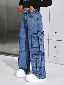 SHEIN 少女Y2K时尚浅色水洗高腰宽松直筒工装牛仔裤，带实用口袋，百搭风格，夏季街头风波西米亚风，适合锐舞派对、音乐会、音乐节等场合。Y2K工装牛仔裤，Y2K风格宽松牛仔裤。 - 深色水洗藍 - 查看 6
