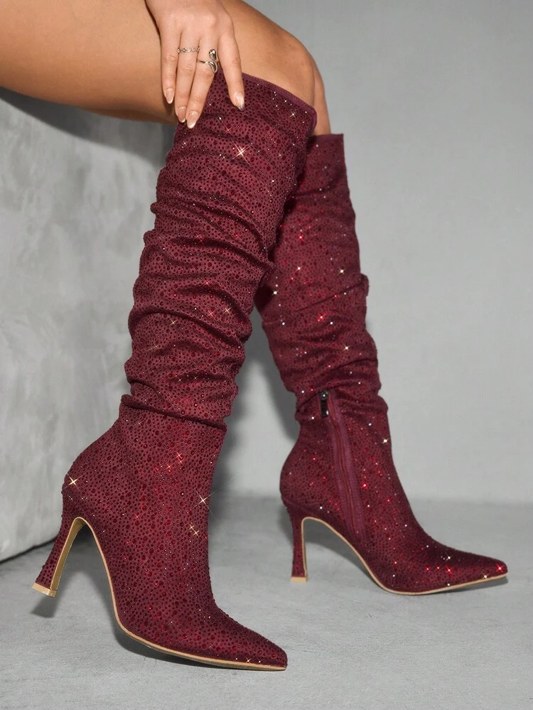 CUCCOO SZL Women's Pointed Toe Rhinestone Embellished Wrinkled Burgundy Stiletto Knee-High Boots, Sexy Party Club Wear For Christmas Spring Shoes