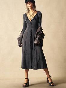 Bohemela Đầm dệt kim cổ vuông tay dài màu trơn đơn giản dành cho nữ - màu đen - Xem 6