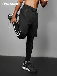 Manfinity Acti Log 男士撞色条纹抽绳腰带二合一运动裤 - 黑色 - 查看 6