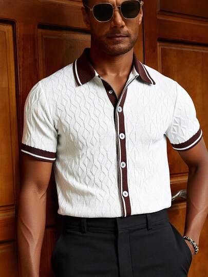 Manfinity Homme Men's Casual Color Block Knitted Top, Summer Vintage Tees Men