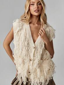 MISSGUIDED 针织纽扣前开襟毛衣背心，带流苏细节，秋冬分层单品，舒适休闲时尚，节日派对装，秋季 - 米色 - 查看 5