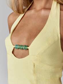 MISSGUIDED Áo croptop bằng vải lanh cổ yếm mùa hè với chi tiết đính hạt phía trước, hở lưng, thích hợp cho các bữa tiệc, kỳ nghỉ, buổi tối. - Màu vàng - Xem 6