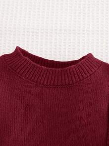 SHEIN Babygirl Khaki Ruffled Hem Long Sleeve Sweater Dress, Casual & Cute, Autumn/Winter Fall - Burgundy - View 4
