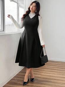 Dazy Plus Abito lungo elegante con scollo a V e senza maniche, aderente, con strati, di colore unito, versatile, adatto per l'autunno/inverno, taglie comode - nero - Visualizzare 5