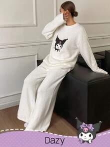 DAZY HELLO KITTY AND FRIENDS | SHEIN Women's Cute Cartoon Pattern Letter Embroidered Teddy Fleece Warm Pajama Set, Winter, Fall Clothes - White - View 5