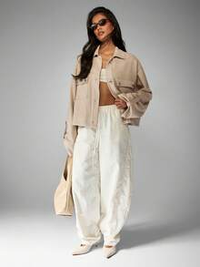 MISSGUIDED Oversized Utility Cropped Jacket Lightweight Canvas Fall Spring Outerwear Casual Weekend Modern Minimalist Streetwear Fashion Jacket - Camel - View 3