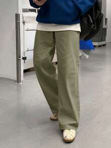 DAZY 休闲宽松纯色阔腿直筒男士牛仔裤 - 軍綠色 - 查看 4