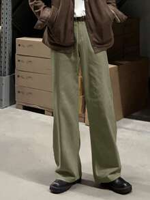 DAZY 休闲宽松纯色阔腿直筒男士牛仔裤 - 軍綠色 - 查看 5