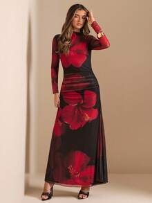 SHEIN BAE Nuevo vestido ajustado de manga larga con estampado de malla floral teñida anudada en rojo para fiesta y vacaciones, otoño/invierno