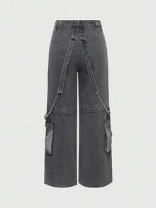ROMWE Grunge Punk Jeans para mujer de estilo urbano con impresión de calavera, cinturón de cadena resistente con múltiples bolsillos y detalles de remaches - Negro - Ver 2