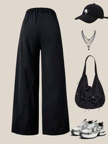 Girls' Casual Versatile Black Pants, With White Horse Embroidery On Top Left, Elastic Waistband, Suitable For Autumn/Winter Outings, Walking, Shopping, Commuting, Can Be Paired With Long Sleeve Tops And Pants - Black - View 2