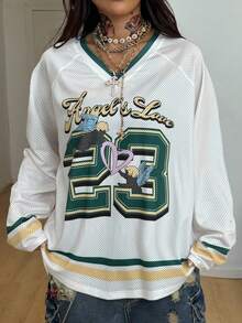 Coolane Women's Fall/Winter Streetwear Going Out Y2K Music Festival Sport Number Printed V-Neck Long Sleeve Jersey T-Shirt - Multicolor - View 2