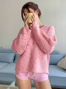 DAZY Women's Loose Casual Solid Color Pink Pullover Sweater, Simple Fashion Basic Knit Top For Autumn/Winter