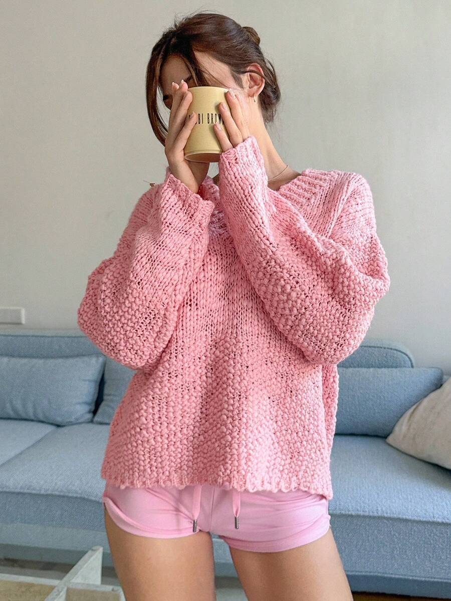 DAZY Women's Loose Casual Solid Color Pink Pullover Sweater, Simple Fashion Basic Knit Top For Autumn/Winter