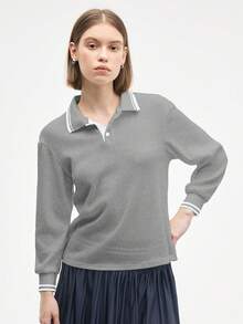 Gameset SHEIN Sport 女式条纹长袖休闲健身运动 Polo 衫 - 灰色 - 查看 3