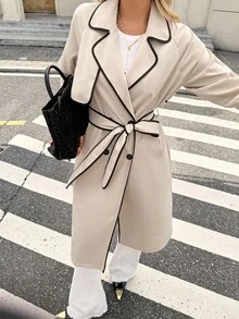 Serisse 女式秋季磨边双排扣翻领长袖系带休闲风衣 - 杏色 - 查看 7