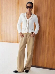 Lumivelle Women's Metal Chain Decor Heart Metal Button White Knitted Cardigan, Autumn/Winter