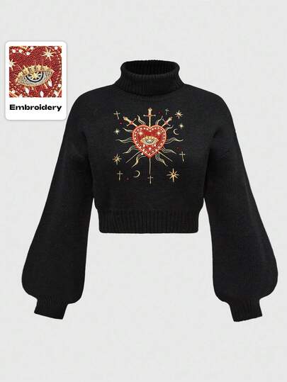 Goth Suéter de cuello alto para mujer con estilo de palacio gótico, decorado con bordados de corazón, gema, lágrima de cristal y estrella, para Halloween