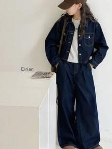 2件套青少年女孩海军蓝牛仔翻领长袖宽松裤套装