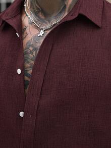 Manfinity Homme 时尚男士纯色酒红色长袖半透明衬衫，领口、常规下摆、纽扣前襟设计，酒红色衬衫，锈红色波西米亚休闲长袖衬衫，秋季 - 酒紅色 - 查看 3