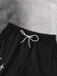 PAVTROS 2 件男士街头风格天使和字母印花运动裤和连帽衫套装，秋季男装 - 黑色 - 查看 5