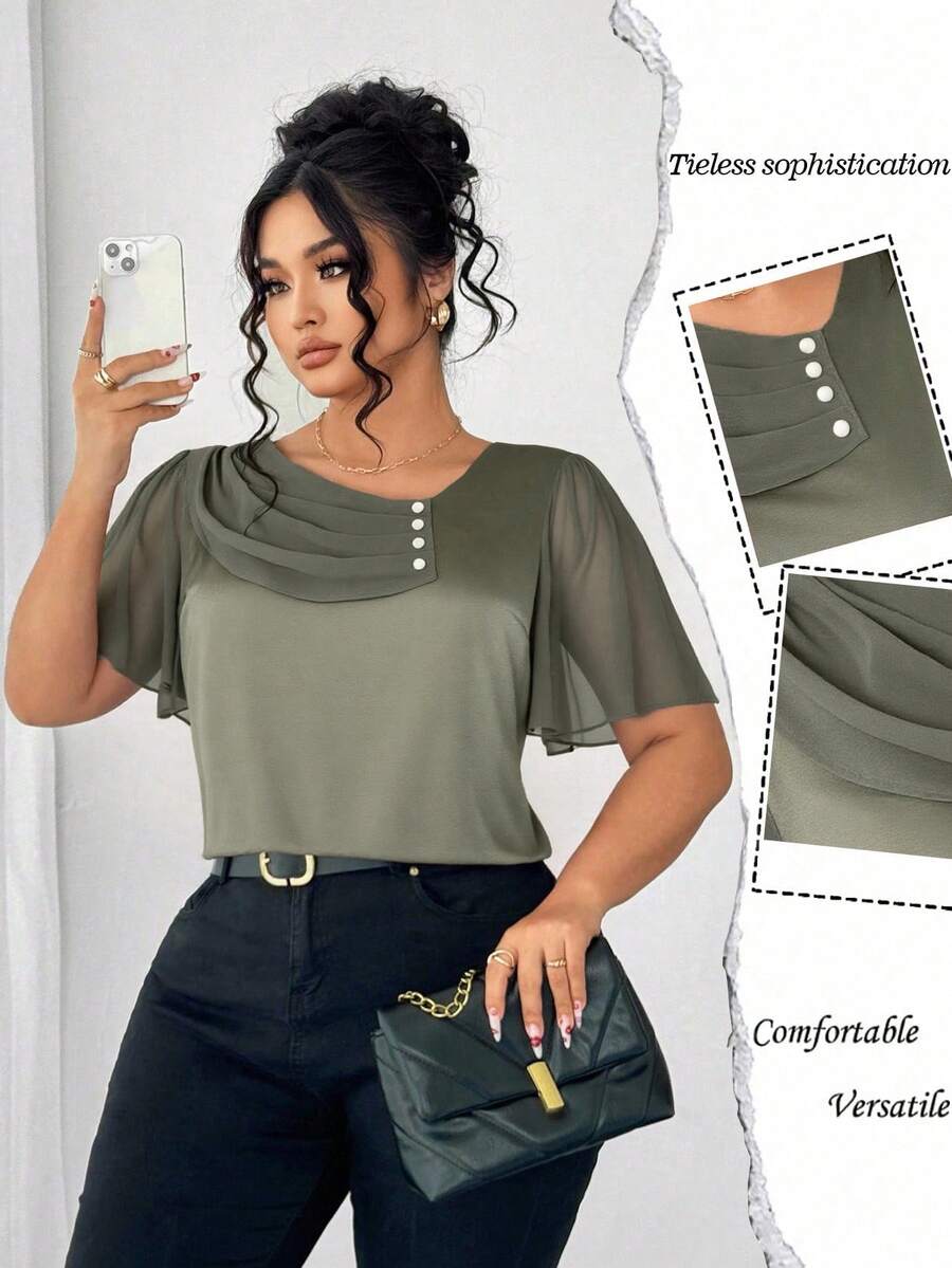 Elenzga Plus Size Asymmetrical Ruffle Collar Button Decor Short Sleeve Elegant Blouse - Army Green - View 1