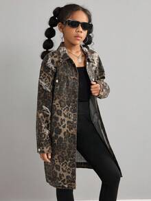 Tween Girls' Y2k Fashion Cool Leopard Print Denim Lapel Long Sleeve Distressed Ripped Long Jacket Fall Winter,For Girls Fall/Winter Dailywear Costume,Girls Streetwear Outfits,Halloween And Christmas Outfits,Girls Winter Jacket,Teen Jacket,Winter Clothes