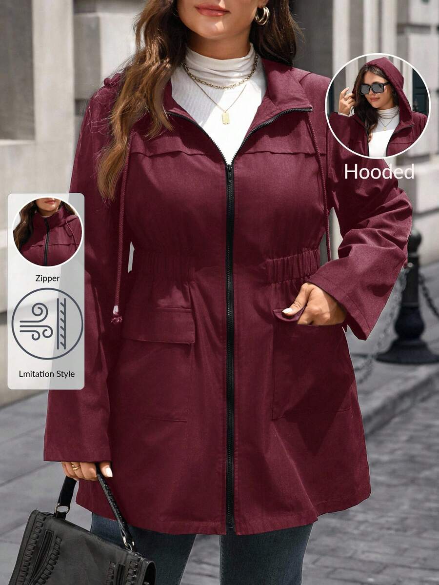 EMERY ROSE Plus Size Solid Color Casual Breathable Zip-Up Long Sleeve Coats In Fall/Winter Winter Clothes For Women Fall Clothes For Women - Burgundy - View 1