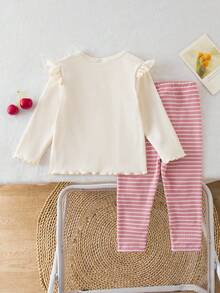 2pcs Baby Girl Autumn/Winter Round Neck Flutter Sleeve Ribbed Knit Top + Pink Ribbed Pants With Cherry Embroidery, Casual Cute Matching Set Fall - Multicolor - View 2