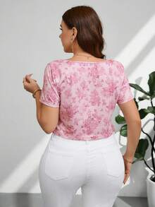 Firerie Plus Size Pink Graphic Drawstring Asymmetric Fish Bone Cropped T-Shirt - Pink - View 2