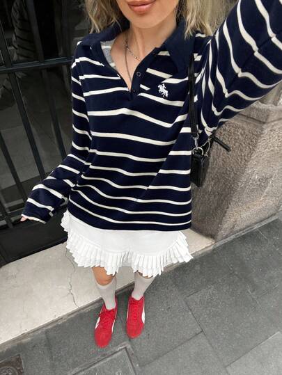 Muchica Knitted Striped Casual Long Sleeve Embroidered Polo Collar T-Shirt For Women Preppy In Women French Style Sailor Women