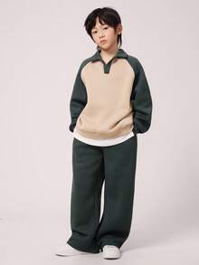 2 件儿童/青少年男童休闲日常百搭舒适 Polo 领半拉链撞色袖套头衫和宽松针织裤套装 - 彩色 - 查看 3