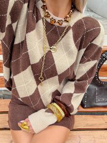 DAZY Suéter de punto casual con bloques de color y cuadros, otoño - Café integral - Ver 8