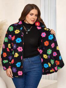 EMERY ROSE Plus Size Women  Casual Solid Color Zip-Up Floral Fleece Warm Coat With Pockets, , Going Out,  New , Simple And Fashionable For Everyday Wear,  For Women , New Year,Spring - Multicolor - View 9