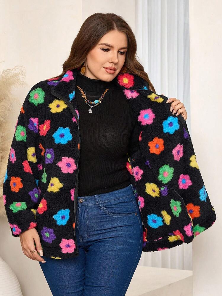 Plus Size Women  Casual Solid Color Zip-Up Floral Fleece Warm Coat With Pockets, , Going Out,  New , Simple And Fashionable For Everyday Wear,  For Women , New Year,Spring