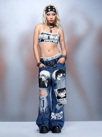 Black Jack X ROMWE جينز بوكلي نساء كاجوال بخصر منخفض مرتخي مطبوع برسوم أنمي أنيقة للشارع