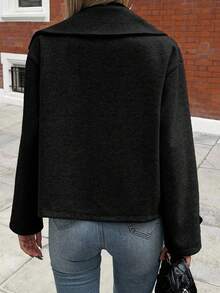 SHEIN PETITE Casual Solid Color Long Sleeve Cropped Jacket For Women - Black - View 2