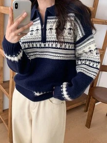 DAZY 女式休闲圣诞风格宽松长袖毛衣 - 淺藍色 - 查看 4