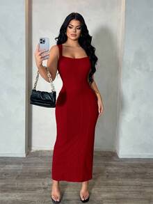 SHEIN SXY Women's Khaki Elegant Minimalist Square Neck Sleeveless Fitted Maxi Dress, Professional/Office/Commute/Formal Wear Bodycon Midi Dress Bandage Dress For Women Bodycon Summer Dress,Dresses For Women Party,Christmas